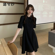 諾兮紗品質(zhì)短袖polo領(lǐng)連衣裙女2025新款韓版港風(fēng)高腰顯瘦中長(zhǎng)款裙子 黑色 S