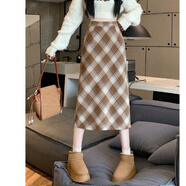 HIPPATIA包臀裙2025春秋新款長(cháng)裙女百搭高腰顯瘦A子復古斜格紋格子半身裙 卡其 XL （建議125~145斤）