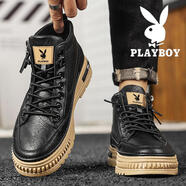 花花公子（PLAYBOY）男鞋高幫2025冬季新款休閑皮鞋子男加絨保暖棉鞋厚底增高馬丁靴男 黑色 不加絨 39 (245mm)