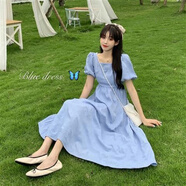 索宛亦（SUOWANYI）夏季2021新款韓版洋氣方領(lǐng)泡泡袖白色連衣裙女小個(gè)子閨蜜裝初戀 藍色(長(cháng))款 S