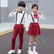 衣諾坊中小學(xué)生校服春裝套裝英倫風(fēng)男女童合唱演出服幼兒園園服兒童班服 酒紅女款（襯衫+裙子+領(lǐng)花+背帶) 130 （建議體重42-54斤）