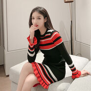 VDVFL潮汕中長款毛衣女遮臀女士大朗2024秋冬撞色外穿針織裙荷葉邊修身 【721圓領黑色】 S