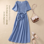 美琪誠品純棉氣質(zhì)文藝范連衣裙女2024春夏秋季新款短袖收腰顯瘦中長(cháng)款裙子 藍色 2XL【建議145-160斤】