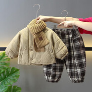寶唄派（BOWBAYPAL）男童冬季套裝兒童衣服男孩加絨加厚酷帥棉服三件套一歲寶寶冬裝潮 卡其色加厚純色棉服套裝 90 1-2歲 體重22-26斤左右穿