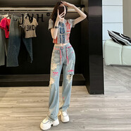 JVH香港潮牌高腰褲休閑套裝女 2024夏季新款短款T恤破洞牛仔褲兩件套 灰色上衣+牛仔褲 L（111-120斤）