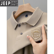 吉普（JEEP）高檔純棉秋季長(cháng)袖t恤翻領(lǐng)寬松刺繡p0lo衫上衣男大碼T恤男士新 淺棕【雙牛盾】長(cháng)袖款 3XL碼-170-190斤