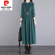 皮爾卡丹（pierre cardin）高端復(fù)古刺繡燈芯絨連衣裙女2024秋季韓版寬松顯瘦系帶收腰長(zhǎng)裙子 墨綠色 XL 【125-140斤】