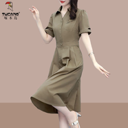 啄木鳥(niǎo)裙子2025新款夏季女裝中年氣質(zhì)減齡顯瘦有口袋純色襯衫連衣裙 卡其色 4XL （建議160斤-180斤）