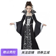 瑞央新款萬(wàn)圣節兒童演出服裝女巫服中世紀復古系帶立領(lǐng)喇叭袖印花長(cháng)裙 白 140cm