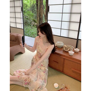 施代柔2025夏季新款韓國(guó)法式蕾絲碎花裙蝴蝶結(jié)吊帶裙連衣裙女 清雅（米黃底 L