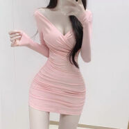 索宛亦（SUOWANYI）21女人味性感修身弹力连衣裙褶皱遮肉显身材包臀短裙优雅气质v 粉红色 L