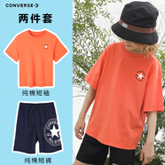 Converse匡威兒童裝男女童短袖T恤短褲兩件套夏季印花純棉運動(dòng)套裝薄款潮 珊瑚藏青藍【100%純棉】 110/4
