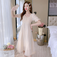 YUDA雪紡連衣裙2024新款女裝春夏季v領(lǐng)短袖裙子高腰顯瘦夏天仙女中長 MXY杏色 S【建議95斤以下】