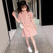 奧米鼠童裝女童連衣裙夏裝韓版兒童連衣裙2021新款小女孩短袖洋氣休閑裙中大童學(xué)院風(fēng)表演服3-12歲 粉色 140碼建議身高1米3左右