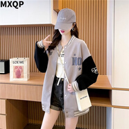 MXQP學(xué)院風(fēng)棒球服外套女2025秋冬新款韓版寬松休閑衛(wèi)衣百搭撞色上衣潮 灰色 L 【110-130斤】