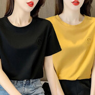 寵琳短袖t恤女2025新款韓版寬松夏季女裝圓領(lǐng)上衣時(shí)尚打底衫半袖女潮 11黑色+黃色 L 建議95-105斤