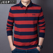 JEEP SPIRIT吉普休閑純棉翻領(lǐng)條紋長(zhǎng)袖t恤男春秋珠地商務(wù)體恤衫繡標(biāo)大碼上衣 桔紅6906款 L (175) /92A建議130-140斤