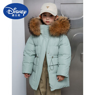 迪士尼（Disney）品牌女童羽絨服大毛領(lǐng)中長款2024新款冬季中大童休閑保暖外套過膝 淺綠色帶毛領(lǐng) 120cm