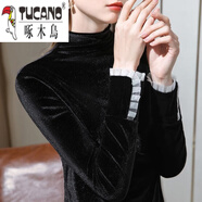 啄木鳥金絲絨半高領(lǐng)打底衫女春秋新款氣質(zhì)內(nèi)搭長袖t恤女洋氣保暖小衫 黑色【荷葉邊無紐扣】 春秋款 M 【建議80-100斤】