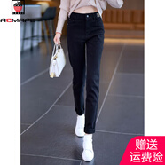 AEMAPE黑色哈倫軟牛仔褲女2025新款春秋季長(cháng)褲純棉加絨高腰小腳老爹褲子 黑色 M 建議90-100