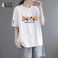 啄木鳥(niǎo)100%純棉t恤女短袖2025夏季寬松上衣印花新款百搭中長(zhǎng)款體恤ins潮 白色【熊頭字母】 XL 建議140-160斤