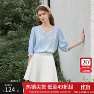 范思藍(lán)恩拼接蕾絲邊v領(lǐng)襯衫女甜美法式浪漫上衣夏季2025新款設(shè)計(jì)感2681 冰水藍(lán) XS