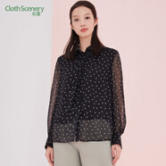 布景襯衫女夏季新品簡(jiǎn)約心形圖案方領(lǐng)單排扣領(lǐng)帶寬松上衣 黑色 M
