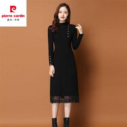 皮爾卡丹（pierre cardin）連衣裙女加絨加厚款配大y長(zhǎng)款過(guò)膝針織秋冬百搭半高領(lǐng)打底毛衣裙 蕾絲A版型：  黑色 4XL 建議150-165斤