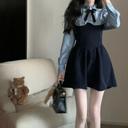爾山集連衣裙女秋冬2024新款長(zhǎng)袖襯衫短裙蓬蓬裙子大衣內(nèi)搭顯瘦收腰 藏藍(lán)色拼色條紋襯衫裙子M