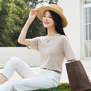 春竹2025夏季新款純色圓領基礎百搭氣質針織半袖小衫T恤女短袖上衣 鹿皮色 XL