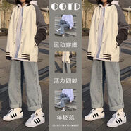 貝吉棋寬松連帽外套+長(zhǎng)袖衛(wèi)衣+垂感直筒牛仔褲春秋套裝女學(xué)生 拼色撞色棒球服外套 (單件) M (75-95斤)