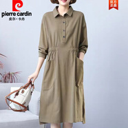 皮爾卡丹輕奢高端女裝 撿漏~2022春秋季亞麻連衣裙休閑長(cháng)袖棉麻媽媽裙子針織 卡其色 M【建議115斤以下】