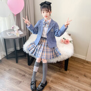 阿爾妮塔童裝女童JK裙子套裝春秋裝2021新款韓版網紅兒童套裝女孩時髦洋氣西裝短裙三件套中大童小孩子 藍色 110碼【建議身高1米左右