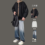 VZVG冬季潮流新款外套男套裝保暖棉服夾克冬天美式男裝棉衣搭配三件套 b【3件裝】MY32棉衣黑色+長(cháng)T+常 S