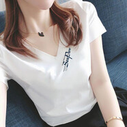 登森奧奧短袖t恤女顯瘦上衣2024夏季女裝新款休閑韓版V領(lǐng)印花棉體恤T恤女 白色SenPen XL 建議110-120斤
