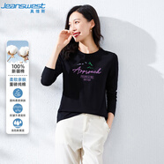 真維斯（JEANSWEST）長袖T恤女春夏純棉正肩柔軟親膚內(nèi)搭印花百搭打底上衣女黑色XL