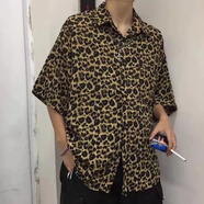 堂峻豹紋短袖襯衫男夏季潮牌設計感小眾襯衣港風(fēng)ins潮感痞帥外套 豹紋 XL 130斤左右