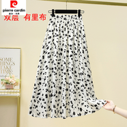 皮爾卡丹雪紡半身裙女碎花裙子夏季新款沙灘大擺中長(cháng)款裙高腰垂墜感a字裙 白 色【雙層 有里布 M 【建議85-100斤
