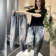 胖妹妹七分老爹褲女夏季新款個性寬松高腰大碼2022年夏寬松薄款牛仔跨褲女松緊腰破洞哈倫褲高腰復古 藍色 2XL 160-180斤