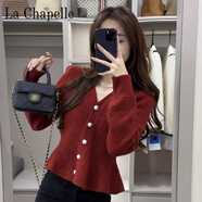 拉夏貝爾（La Chapelle）法式小香風(fēng)V領(lǐng)紅色針織衫女秋冬單排珍珠扣短款毛衣 純100自動(dòng)發(fā)熱酒紅色【薇姿曼品牌商場(chǎng)同款版】 純100自動(dòng)發(fā)熱L 建議110-120斤