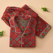 棉花詠女士休閑居家服四季款純棉長(cháng)袖睡衣薄款全棉雙層紗布家居服套裝 紅底星星 2XL（適合125-140斤）