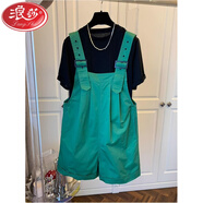 浪莎（LangSha）工裝背帶短褲女夏季2024新款韓版洋氣減齡寬松顯瘦小個子闊腿褲子 綠色背帶褲 XL