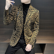 創(chuàng)京懿選男韓版豹紋小西服豹紋西裝外套男士秋冬季2024新款感潮牌痞帥潮流 黃色 2XL 150斤-170斤