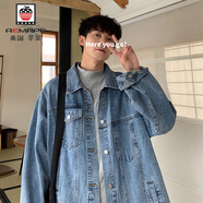 AEMAPE春秋牛仔外套男港風(fēng)復古牛仔外套男寬松百搭水洗牛仔夾克上衣外套 藍色 XL