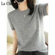 拉夏貝爾（La Chapelle）春夏秋圓領(lǐng)短袖女羊 毛衫寬松短款打底衫半袖針織衫薄款羊 絨毛衣 純100自動發(fā)熱灰色 純100自動發(fā)熱S