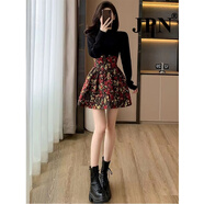 JPN香港潮牌假兩件碎花連衣裙女2024秋冬新款小個(gè)子收腰顯瘦氣質(zhì)裙子 紅色 XL