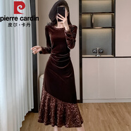 皮爾卡丹（pierre cardin）法式連衣裙重工顯瘦秋冬新款2025金絲絨亮片荷葉邊名媛氣質(zhì)拼接 咖色 2XL