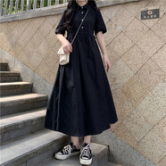 愷吉銳新款夏季短袖連衣裙子女學(xué)生韓版寬松顯瘦學(xué)院風(fēng)高腰仙女長裙 黑色 M 建議100-115斤