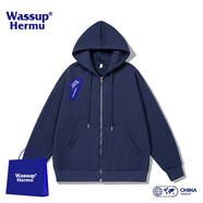 WASSUP HERMU官方潮流連帽衛(wèi)衣男春秋季運(yùn)動(dòng)休閑情侶套裝大碼外套潮牌長(zhǎng)袖開衫 深藍(lán)色 L（建議110-130斤）