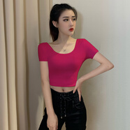 子耳高腰露肚臍上衣女韓版學(xué)生短袖u領(lǐng)t恤夏季半袖衣服短款 玫紅色 S 85斤以下